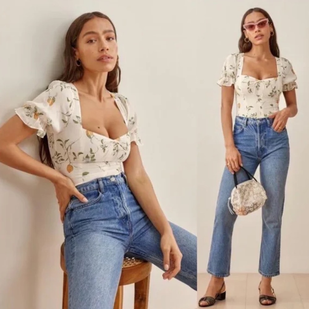 Reformation Delevan Citron Lemon Print Feminine Blouse